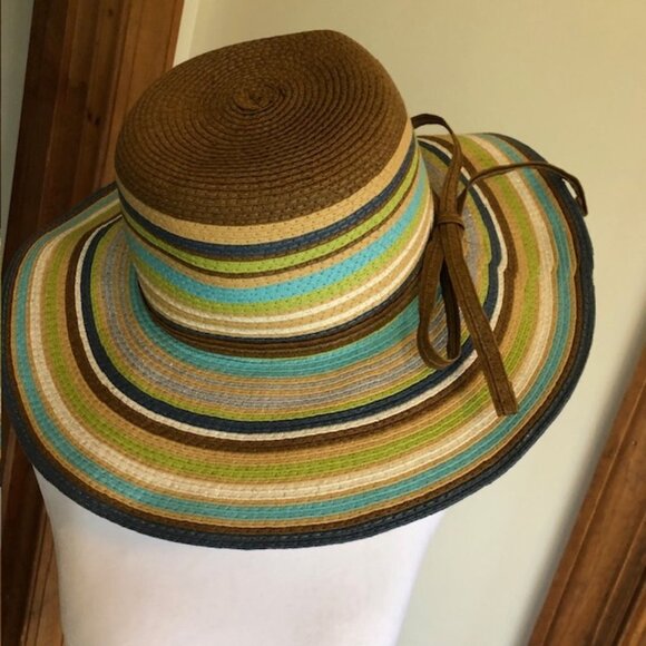 CYNTHIA ROWLEY Striped Straw Floppy Hat Blue Brown Green One Size - Picture 9 of 16